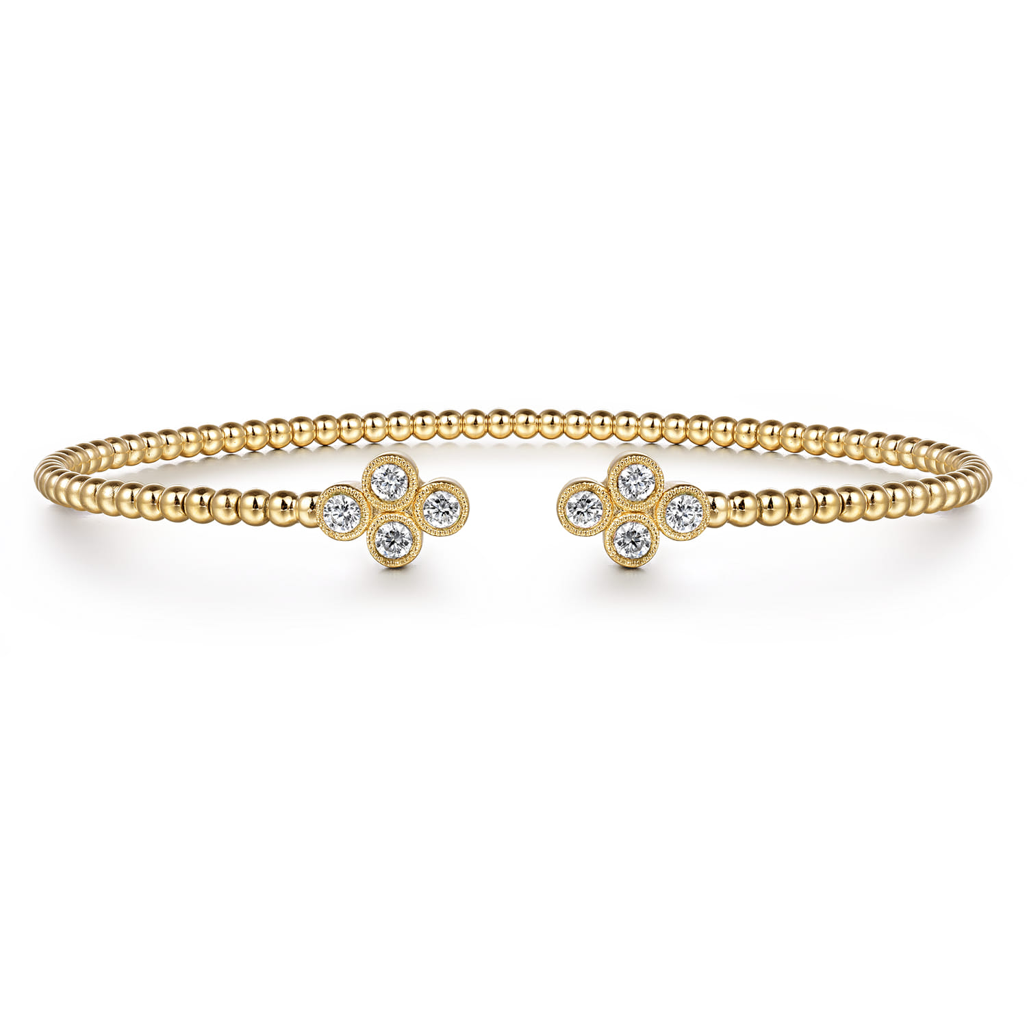 14K Yellow Gold Bujukan Bead Split Cuff Bracelet with Quatrefoil Diamond Endcaps - 0.4 ct - Shot 1