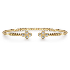 14K Yellow Gold Bujukan Bead Split Cuff Bracelet with Quatrefoil Diamond Endcaps
