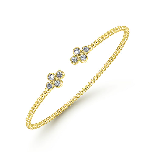14K Yellow Gold Bujukan Bead Split Cuff Bracelet with Quatrefoil Diamond Endcaps - 0.4 ct - Shot 2