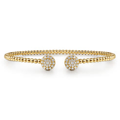 14K Yellow Gold Bujukan Bead Split Cuff Bracelet with Round Pave Diamond Discs