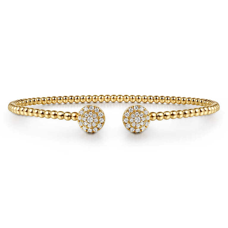 14K Yellow Gold Bujukan Bead Split Cuff Bracelet with Round Pave Diamond Discs - 0.3 ct - Shot 1