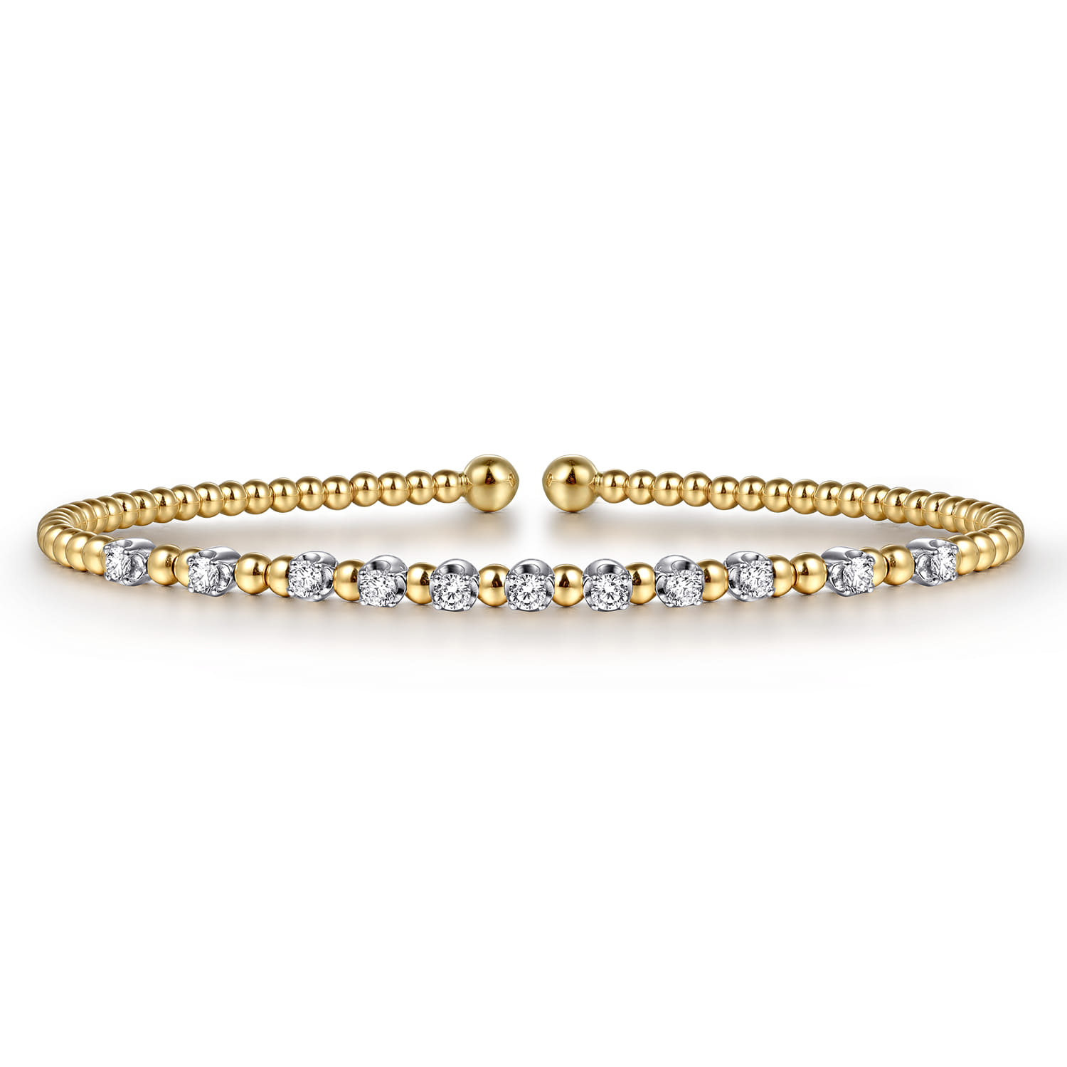 14K Yellow Gold Bujukan Bead Split Cuff Bracelet with Round White Gold Diamond Stations - 0.4 ct - Shot 1