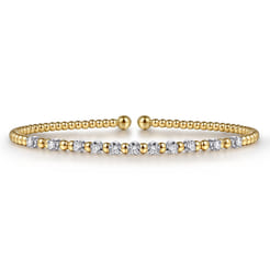 14K Yellow Gold Bujukan Bead Split Cuff Bracelet with Round White Gold Diamond Stations