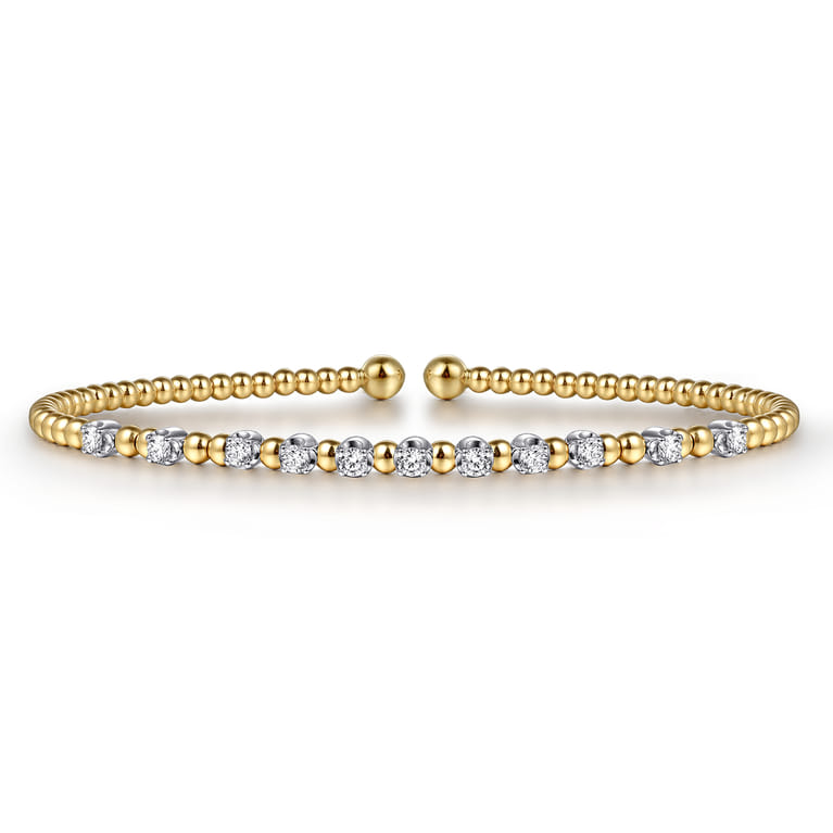 14K Yellow Gold Bujukan Bead Split Cuff Bracelet with Round White Gold Diamond Stations - 0.4 ct - Shot 1