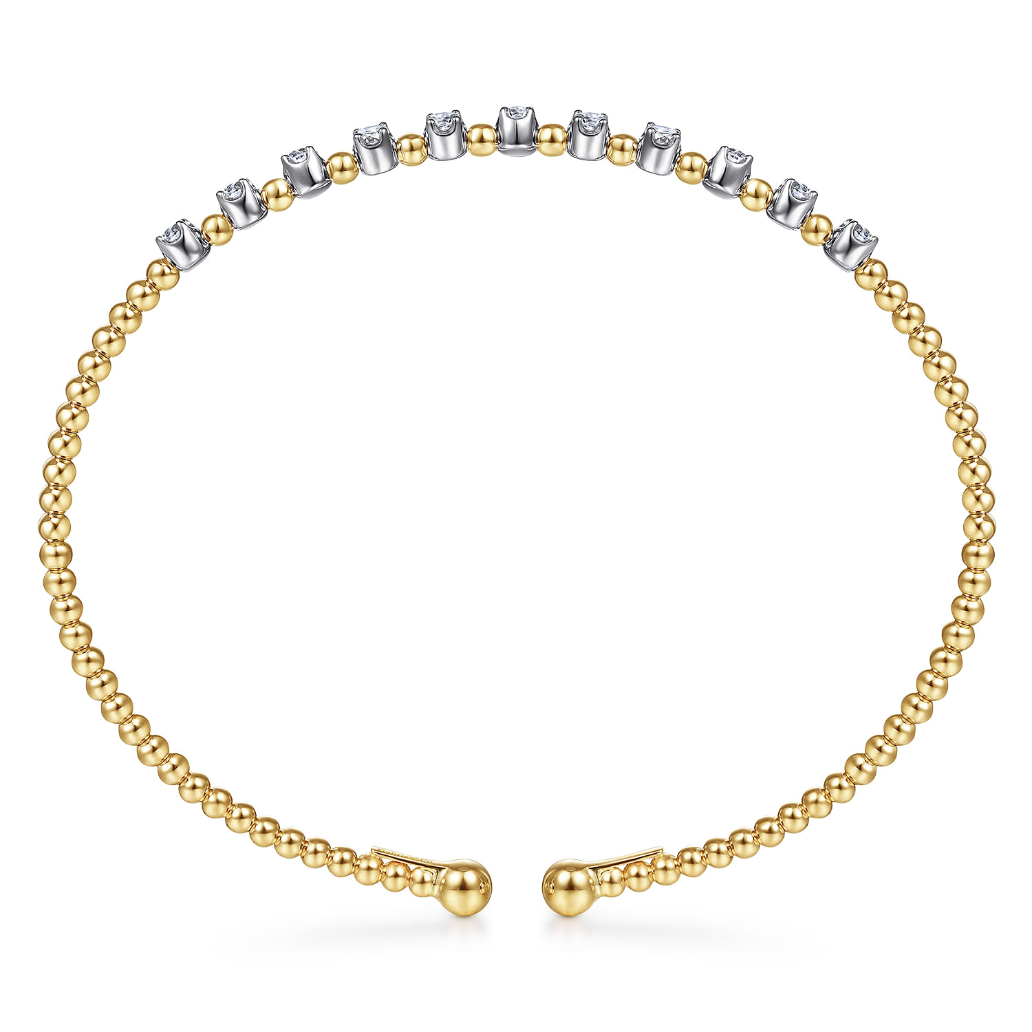14K Yellow Gold Bujukan Bead Split Cuff Bracelet with Round White Gold Diamond Stations - 0.4 ct - Shot 3