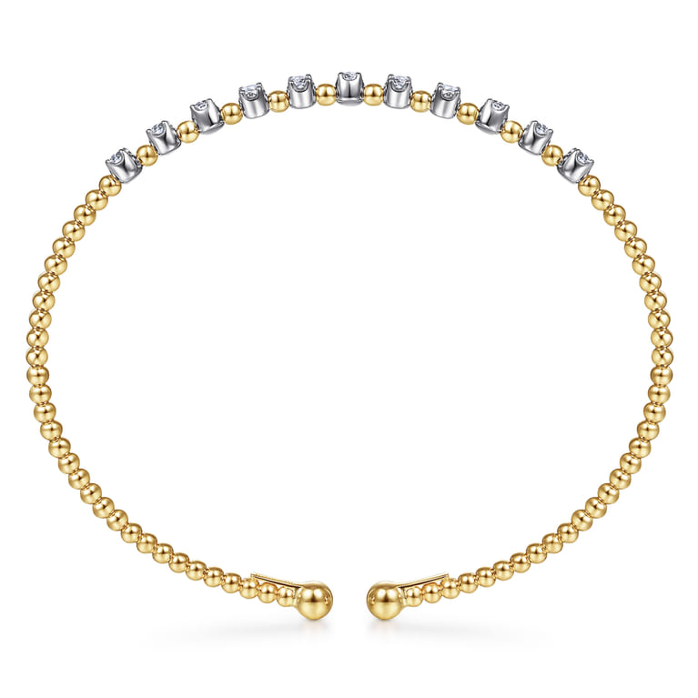 14K Yellow Gold Bujukan Bead Split Cuff Bracelet with Round White Gold Diamond Stations - 0.4 ct - Shot 3