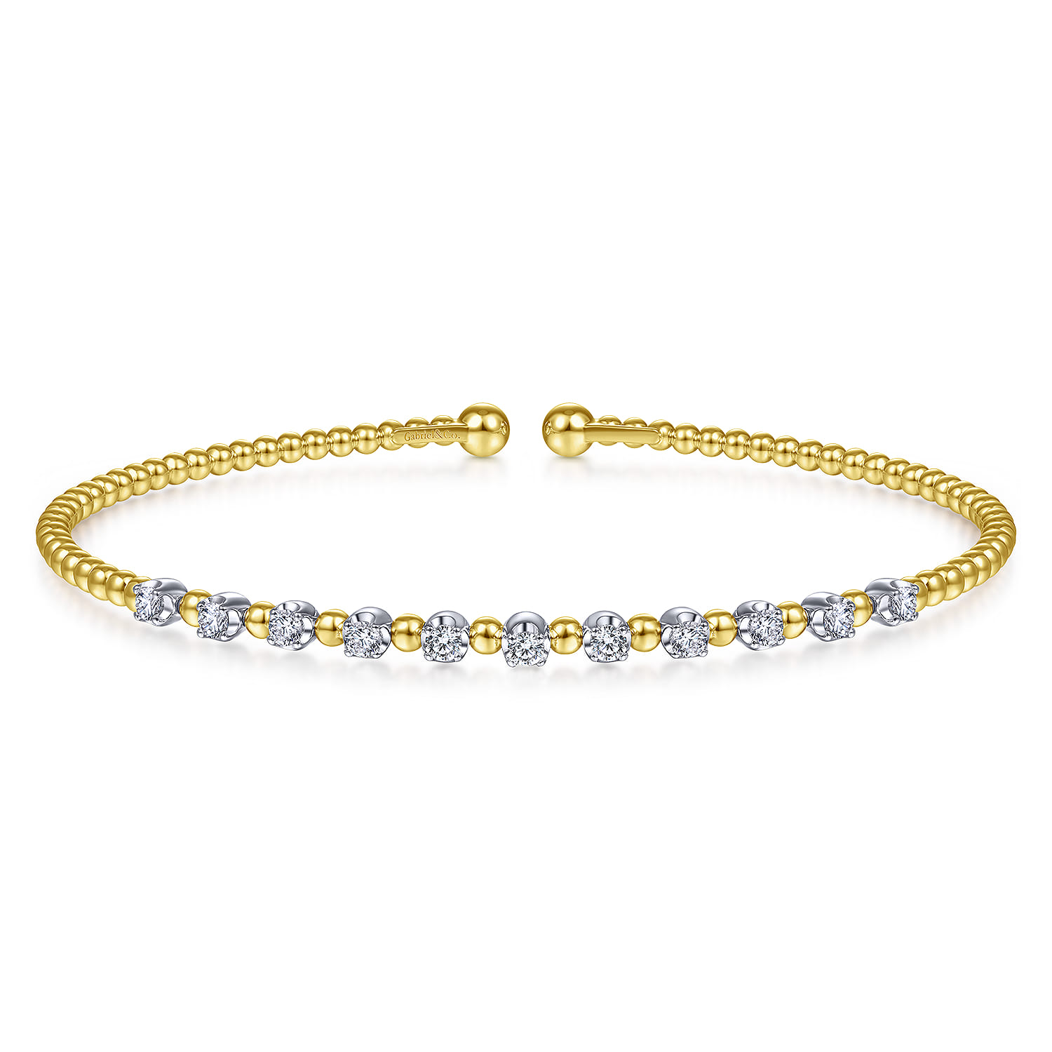 14K Yellow Gold Bujukan Bead Split Cuff Bracelet with Round White Gold Diamond Stations - 0.4 ct - Shot 1
