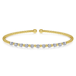 14K Yellow Gold Bujukan Bead Split Cuff Bracelet with Round White Gold Diamond Stations