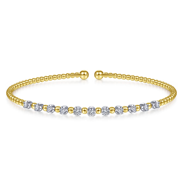 14K Yellow Gold Bujukan Bead Split Cuff Bracelet with Round White Gold Diamond Stations - 0.4 ct - Shot 1