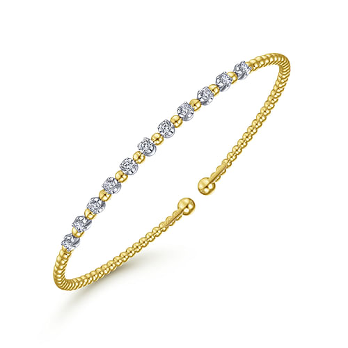 14K Yellow Gold Bujukan Bead Split Cuff Bracelet with Round White Gold Diamond Stations - 0.4 ct - Shot 2