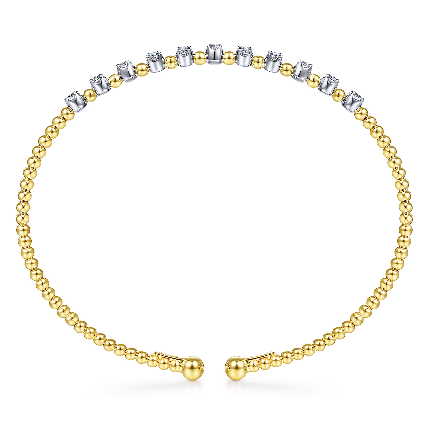 14K Yellow Gold Bujukan Bead Split Cuff Bracelet with Round White Gold Diamond Stations - 0.4 ct - Shot 3