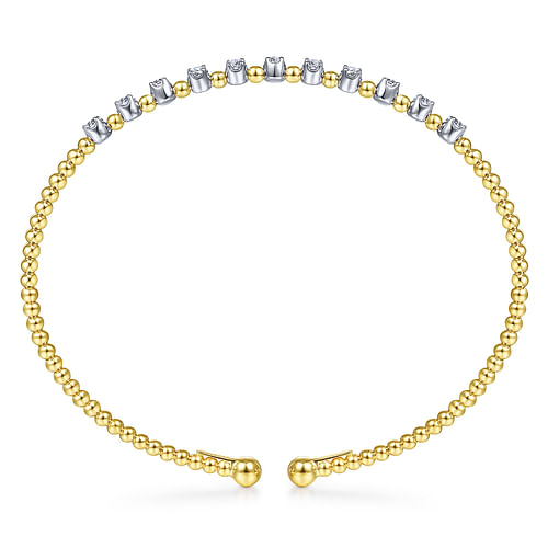 14K Yellow Gold Bujukan Bead Split Cuff Bracelet with Round White Gold Diamond Stations - 0.4 ct - Shot 3