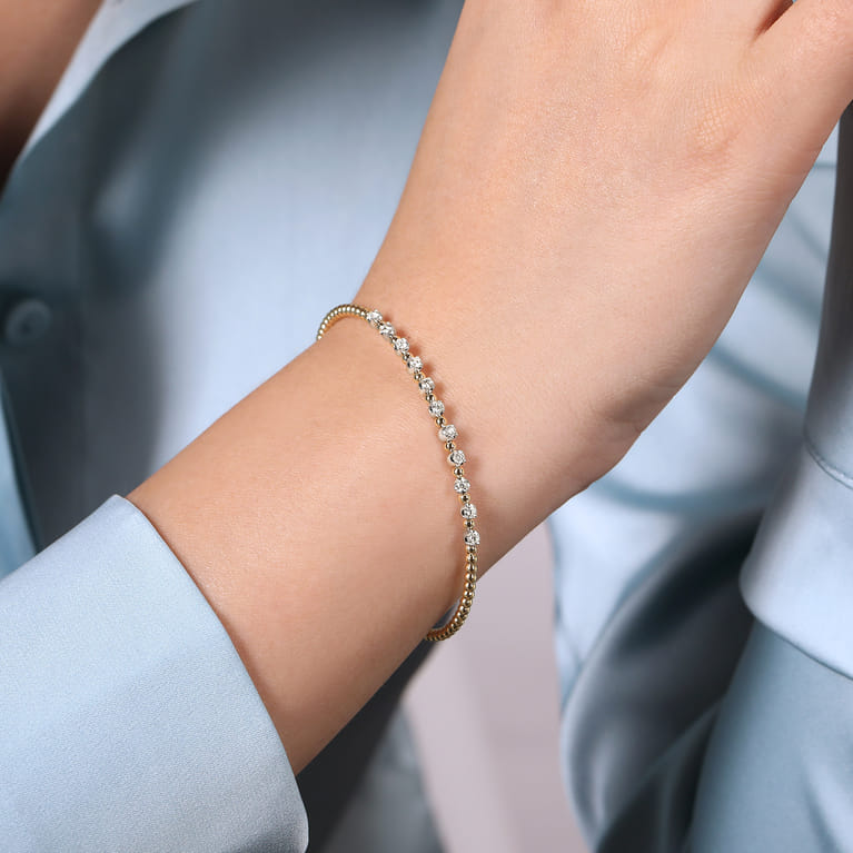 14K Yellow Gold Bujukan Bead Split Cuff Bracelet with Round White Gold Diamond Stations - 0.4 ct - Shot 4