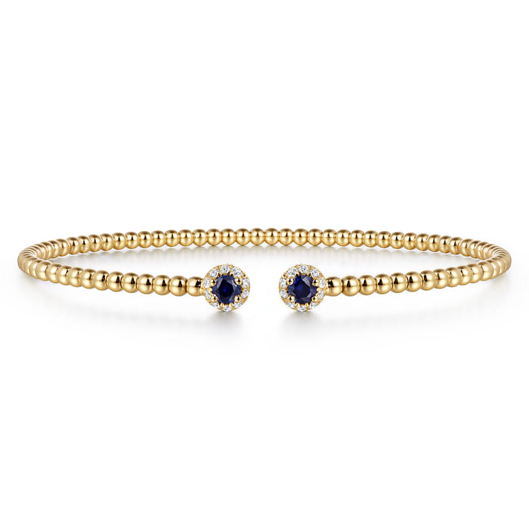 14K Yellow Gold Bujukan Bead Split Cuff Bracelet with Sapphire and Diamond - 0.12 ct - Shot 1