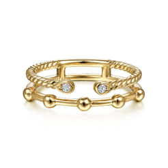 14K Yellow Gold Bujukan Bead Station and Twisted Rope Diamond Ring