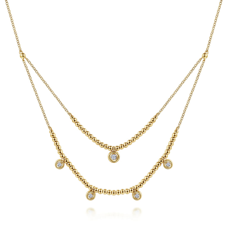 14K Yellow Gold Bujukan Bead and Diamond Two-Row Necklace - 0.15 ct - Shot 1