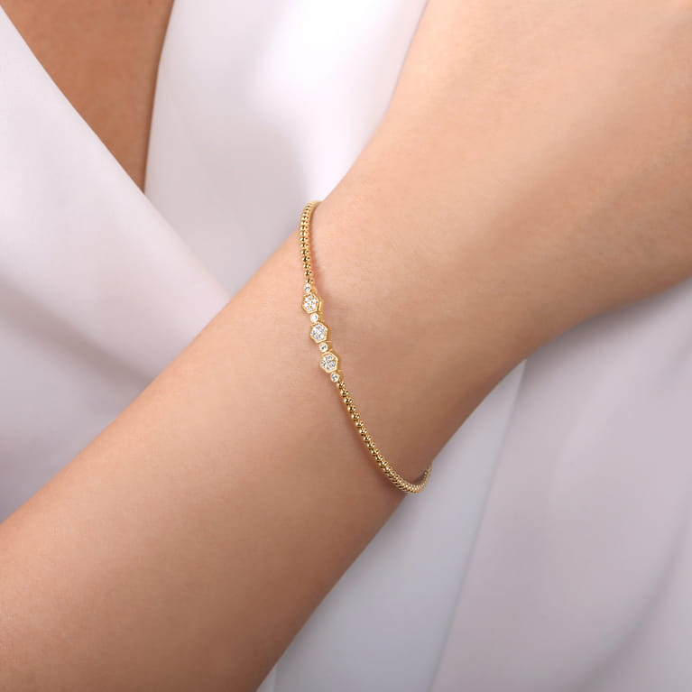 14K Yellow Gold Bujukan Bead and Hexagon Cluster Diamond Bangle - 0.12 ct - Shot 4