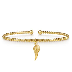 14K Yellow Gold Bujukan Beaded Angel Wing Charm Cuff Bangle Bracelet