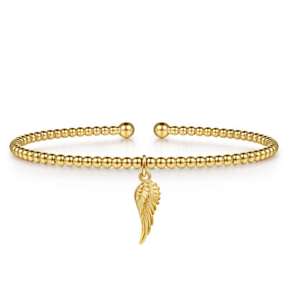 14K Yellow Gold Bujukan Beaded Angel Wing Charm Cuff Bangle Bracelet