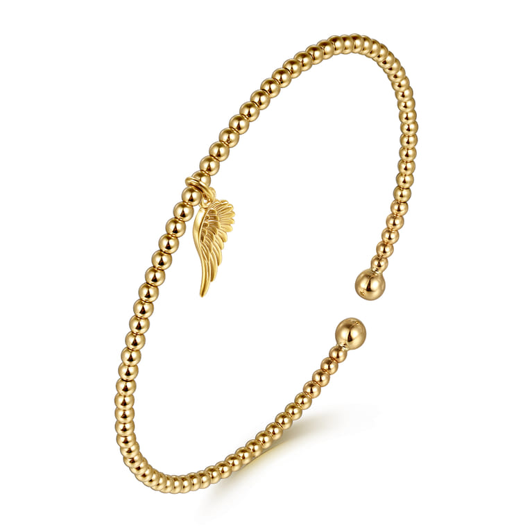 14K Yellow Gold Bujukan Beaded Angel Wing Charm Cuff Bangle Bracelet - Shot 2