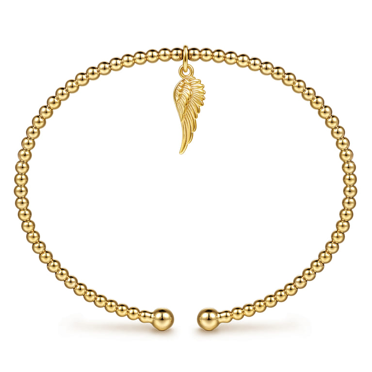 14K Yellow Gold Bujukan Beaded Angel Wing Charm Cuff Bangle Bracelet - Shot 3