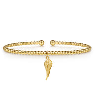 14K Yellow Gold Bujukan Beaded Angel Wing Charm Cuff Bangle Bracelet