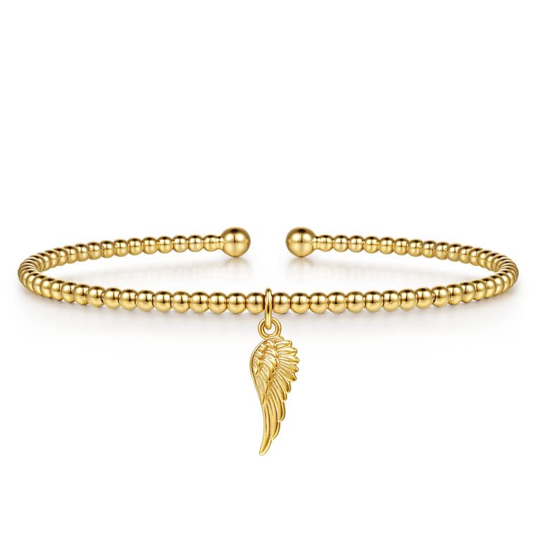 14K Yellow Gold Bujukan Beaded Angel Wing Charm Cuff Bangle Bracelet - Shot 1