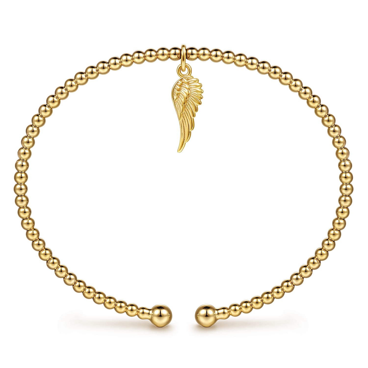 14K Yellow Gold Bujukan Beaded Angel Wing Charm Cuff Bangle Bracelet - Shot 3