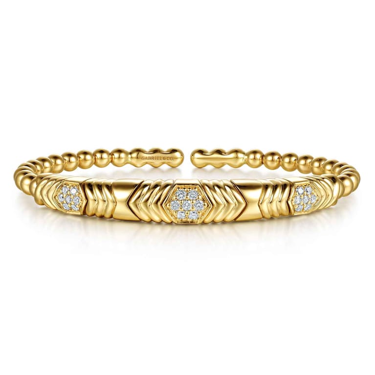 14K Yellow Gold Bujukan Beaded Diamond Cluster Cuff Bangle Bracelet - 0.35 ct - Shot 1
