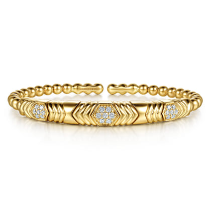 14K Yellow Gold Bujukan Beaded Diamond Cluster Cuff Bangle Bracelet