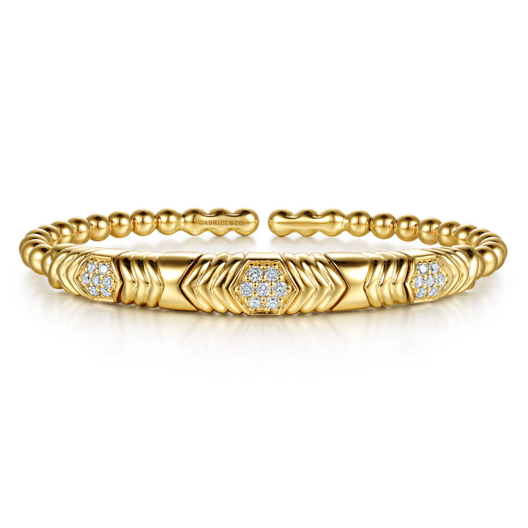 14K Yellow Gold Bujukan Beaded Diamond Cluster Cuff Bangle Bracelet - 0.35 ct - Shot 1