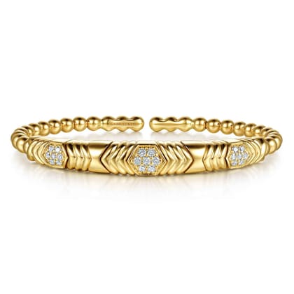14K Yellow Gold Bujukan Beaded Diamond Cluster Cuff Bangle Bracelet