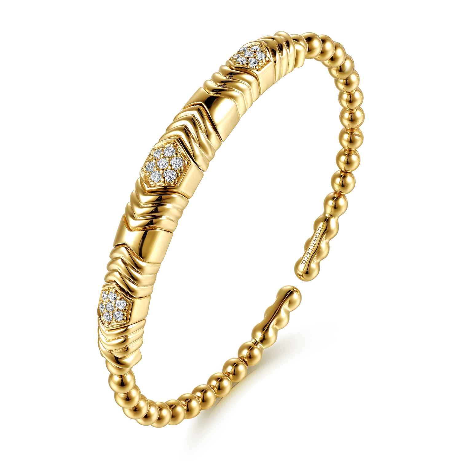 14K Yellow Gold Bujukan Beaded Diamond Cluster Cuff Bangle Bracelet - 0.35 ct - Shot 2