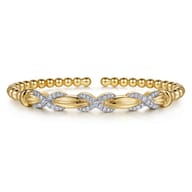14K Yellow Gold Bujukan Beaded Diamond Criss Cross Cuff Bangle Bracelet