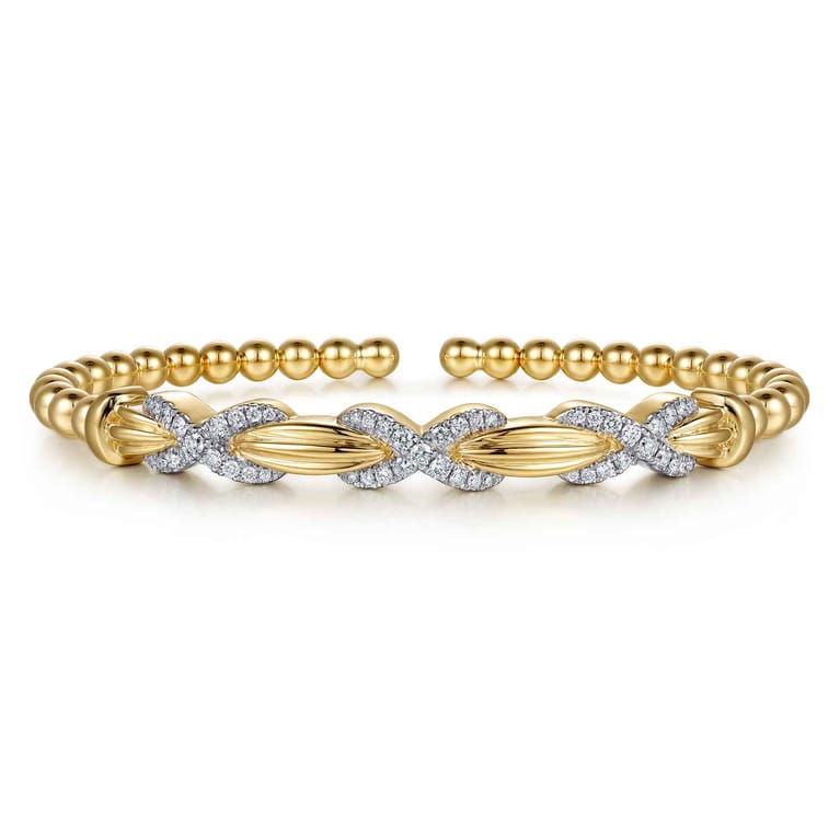 14K Yellow Gold Bujukan Beaded Diamond Criss Cross Cuff Bangle Bracelet - 0.5 ct - Shot 1