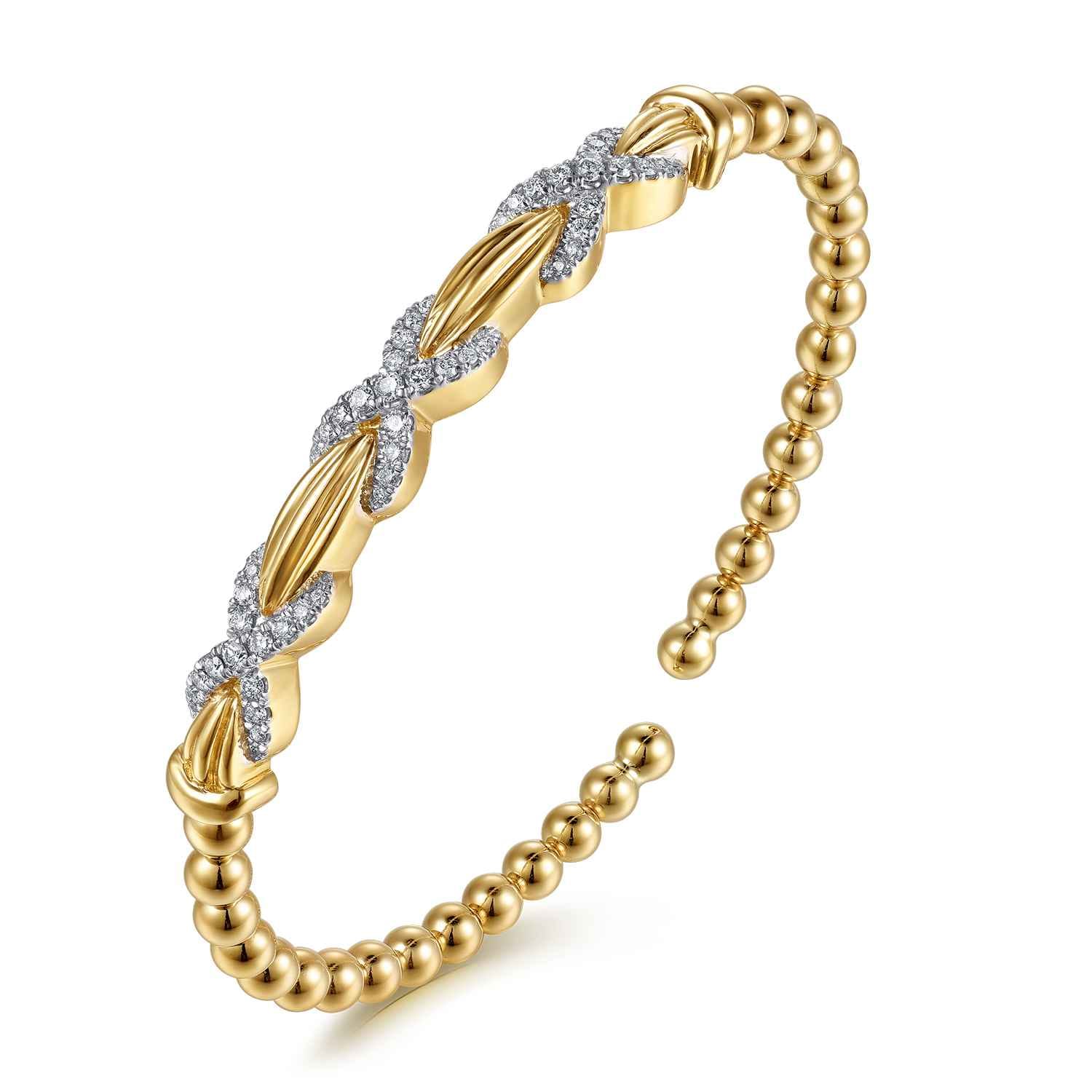 14K Yellow Gold Bujukan Beaded Diamond Criss Cross Cuff Bangle Bracelet - 0.5 ct - Shot 2