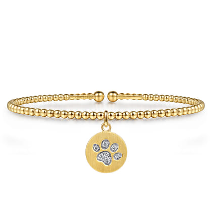 14K Yellow Gold Bujukan Beaded Diamond Paw Charm Cuff Bangle Bracelet