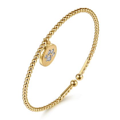 14K Yellow Gold Bujukan Beaded Diamond Paw Charm Cuff Bangle Bracelet