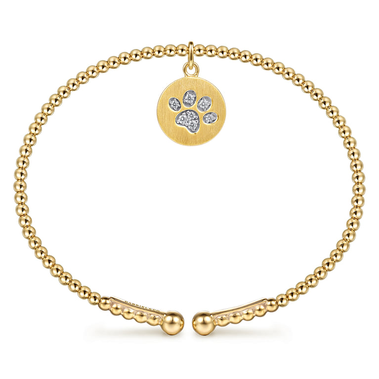 14K Yellow Gold Bujukan Beaded Diamond Paw Charm Cuff Bangle Bracelet - 0.08 ct - Shot 3