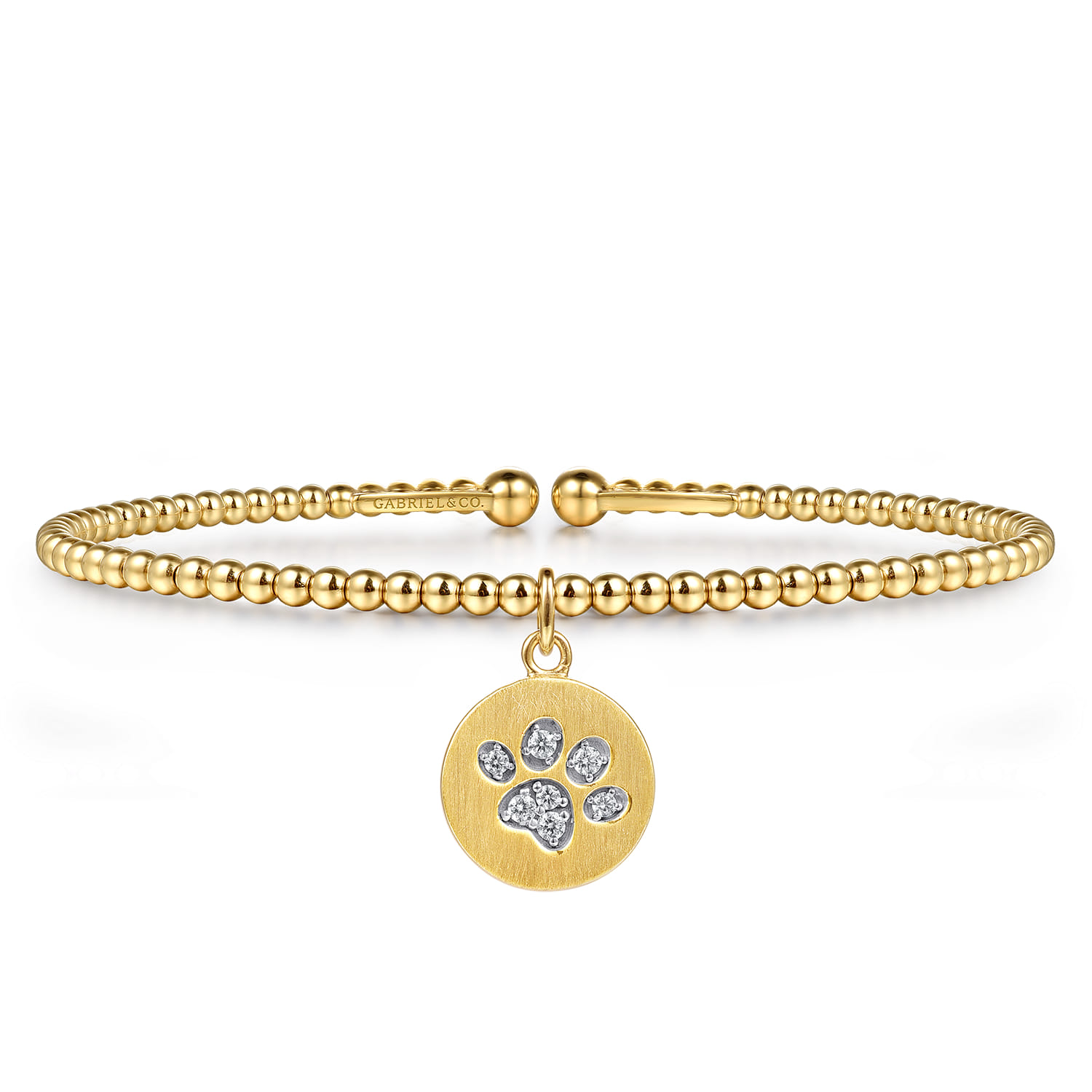 14K Yellow Gold Bujukan Beaded Diamond Paw Charm Cuff Bangle Bracelet - 0.08 ct - Shot 1