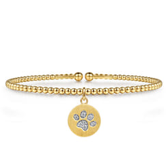14K Yellow Gold Bujukan Beaded Diamond Paw Charm Cuff Bangle Bracelet