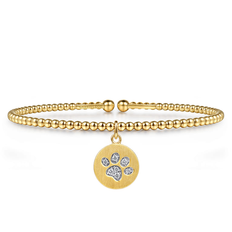 14K Yellow Gold Bujukan Beaded Diamond Paw Charm Cuff Bangle Bracelet - 0.08 ct - Shot 1
