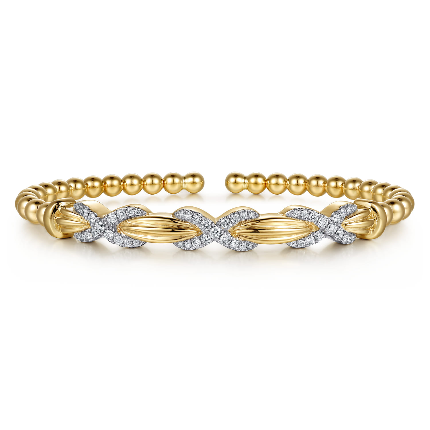 14K Yellow Gold Bujukan Beaded Diamond X Station Cuff Bangle Bracelet - 0.5 ct - Shot 1