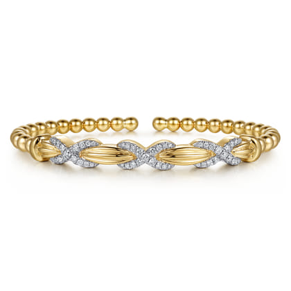 14K Yellow Gold Bujukan Beaded Diamond X Station Cuff Bangle Bracelet