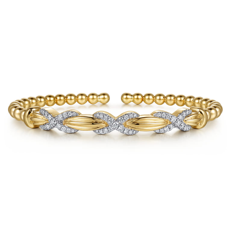 14K Yellow Gold Bujukan Beaded Diamond X Station Cuff Bangle Bracelet - 0.5 ct - Shot 1