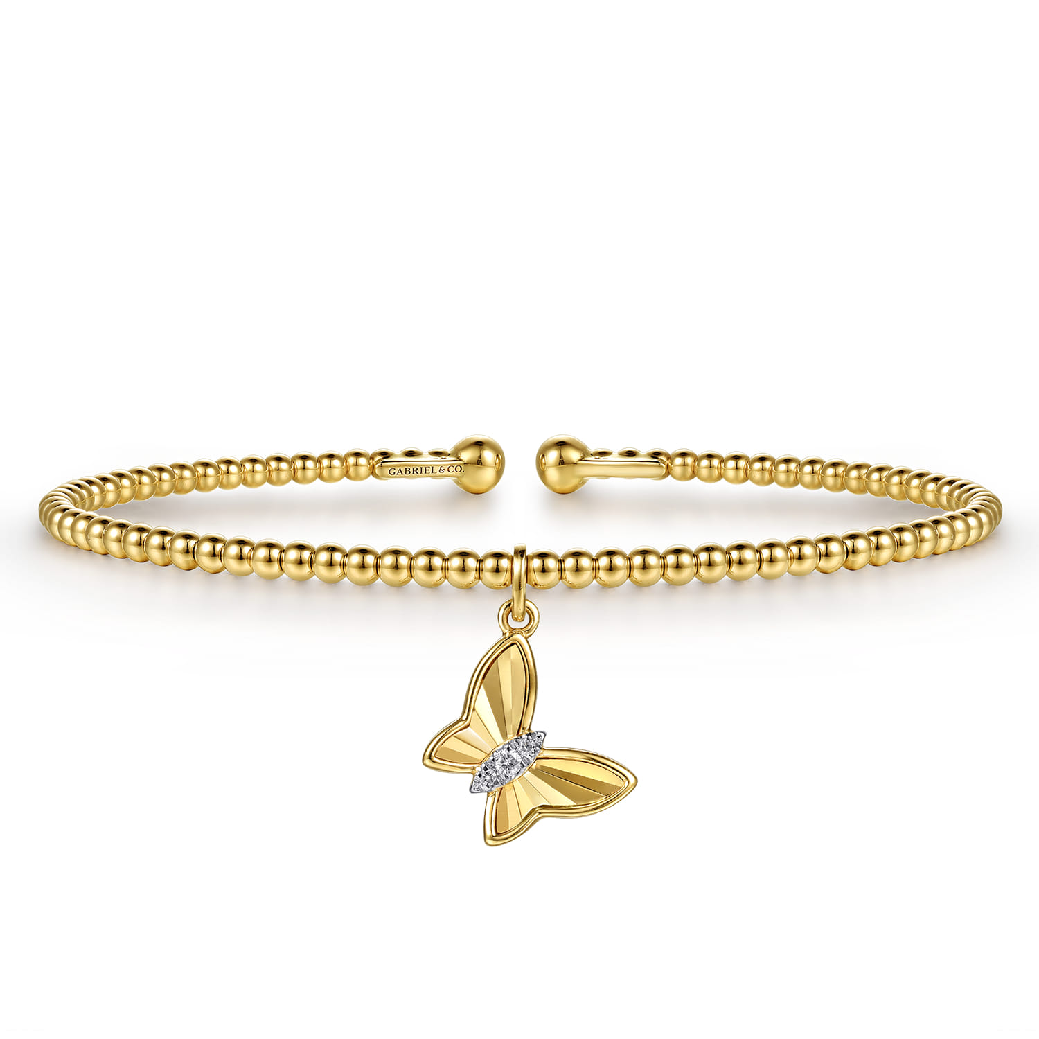 14K Yellow Gold Bujukan Beaded Diamond and Diamond Cut Butterfly Charm Cuff Bangle Bracelet - 0.03 ct - Shot 1