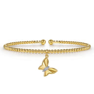 14K Yellow Gold Bujukan Beaded Diamond and Diamond Cut Butterfly Charm Cuff Bangle Bracelet