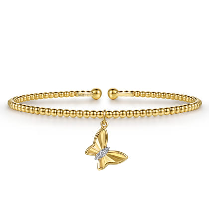 14K Yellow Gold Bujukan Beaded Diamond and Diamond Cut Butterfly Charm Cuff Bangle Bracelet