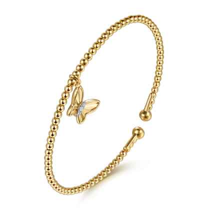 14K Yellow Gold Bujukan Beaded Diamond and Diamond Cut Butterfly Charm Cuff Bangle Bracelet