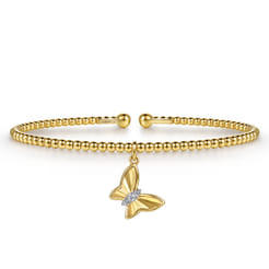 14K Yellow Gold Bujukan Beaded Diamond and Diamond Cut Butterfly Charm Cuff Bangle Bracelet